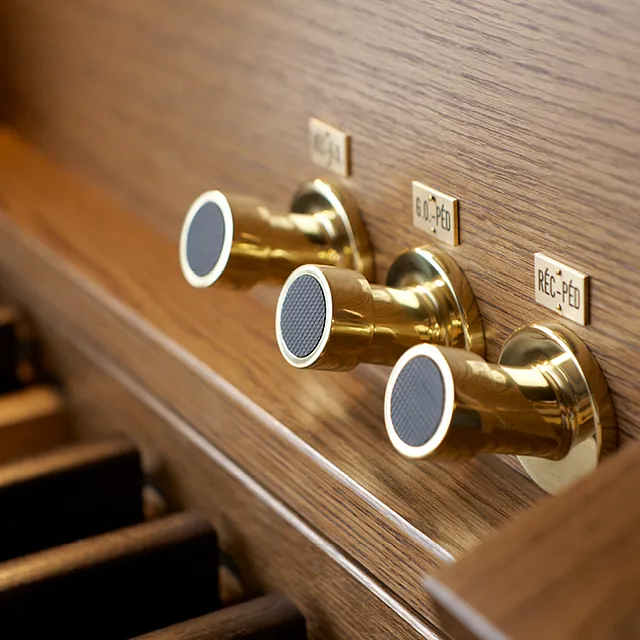 Nærbilde av en messingknott på et treskap, som viser intrikate detaljer og håndverk på orgel